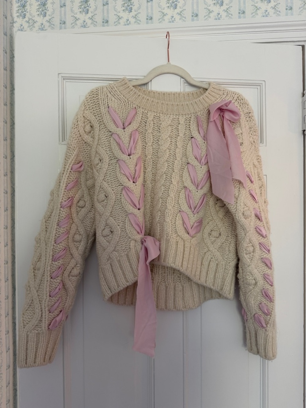 LoveShackFancy Cream Cable Knit Sweater with Pink Ribbon Accents